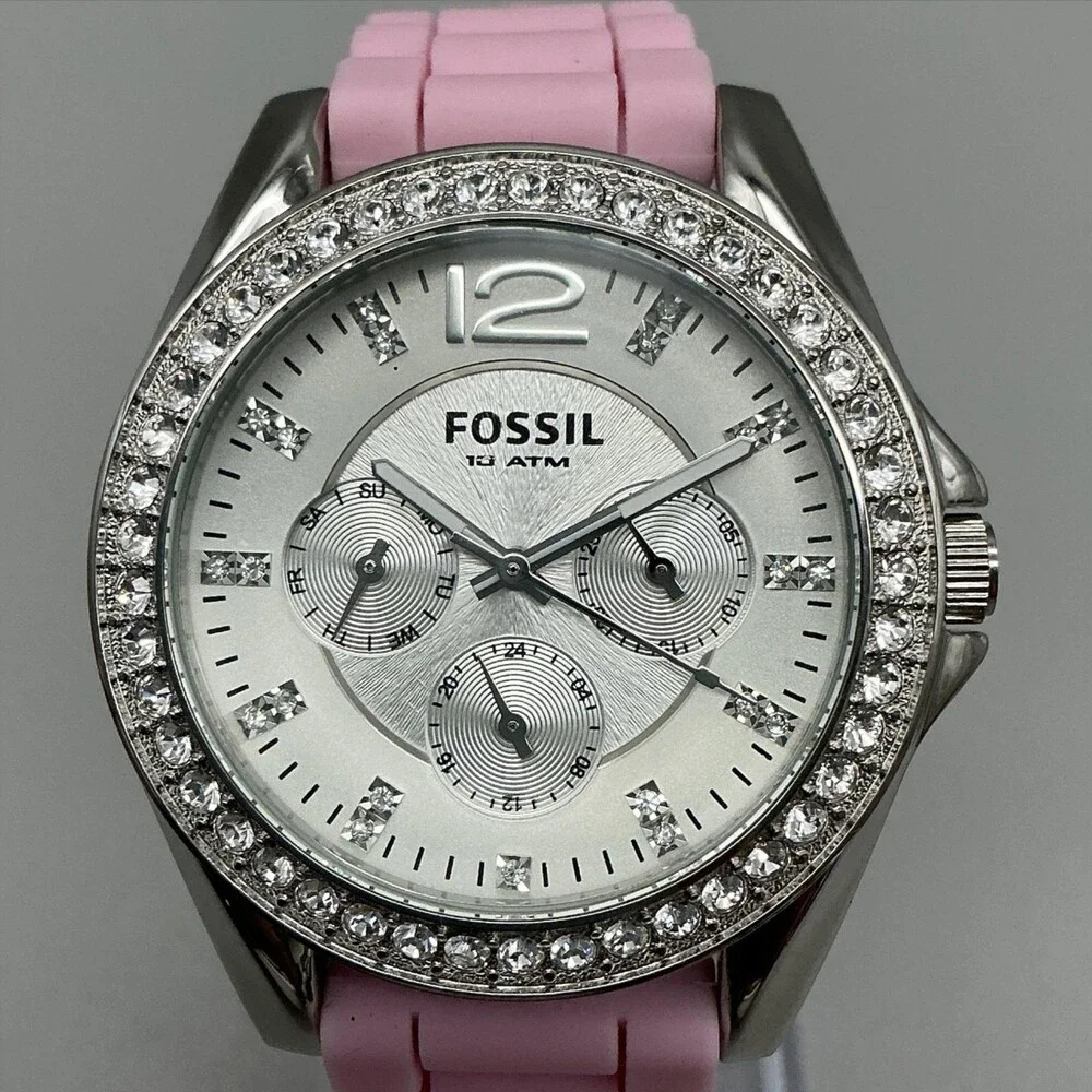 Fossil Riley ES-2346 Womens Watch 38mm Pink Silicone Crystals New Battery